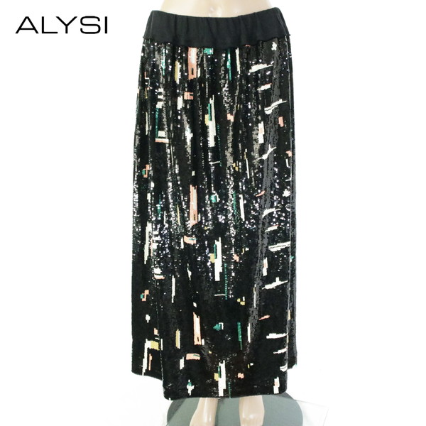 85%OFF 新品 アリジ ALYSI スカート 42 ESK728 Lサイズ ブラック レディース ロングスカート スパンコールスカート イタリア製