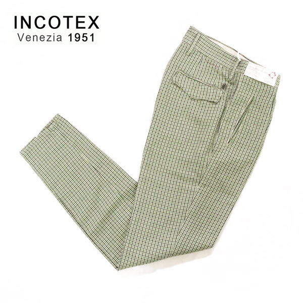 60%OFF 新品 インコテックス INCOTEX パンツ 30 MPT2820 Mサイズ グリーン メンズ コットン×リネンパンツ チェック柄 ストレート REGULAR FIT