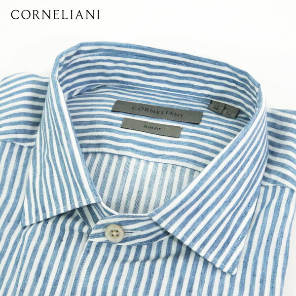 『百貨店SALE銀行割引客体』70%OFF 新品 コルネリアーニ CORNELIANI プルオーバー 38 MSH1876 S大きさ 青碧×白いこと メンズ 心地よいプルオーバー 綿織物×リネン 綿×麻 縞模様柄 半袖 イタリア製 春夏 762S0332