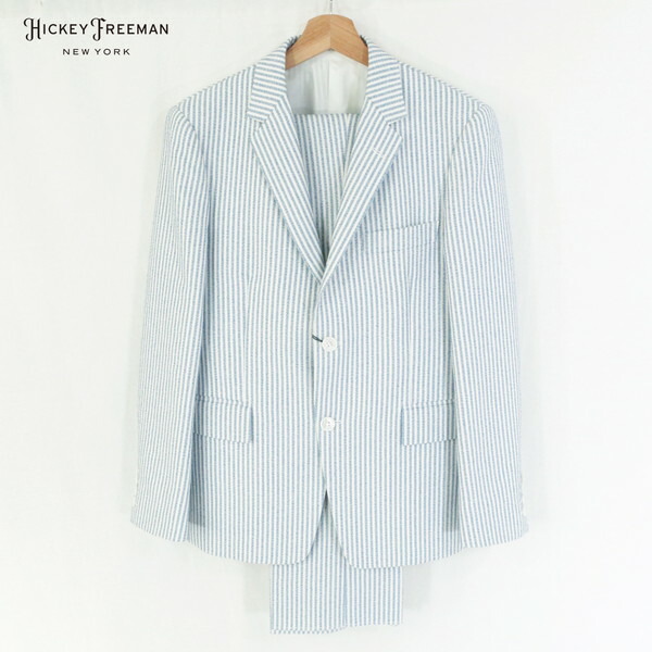 『百貨店SALE割り引き客体』70%OFF 新品 ヒッキーフリーマン Hickey Freeman 背広 AB4 MSU1097 M大きさ 点火装置青色×白いこと メンズ 2名取り草 センターベント ナイロン×綿織物×リネン 縞模様 春夏 988-03F