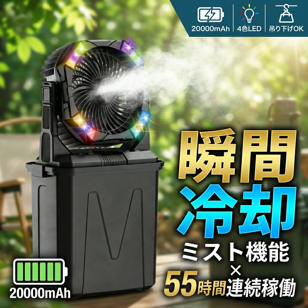 【2026最新進化版】キャンプ 扇風機 アウトドア ミスト 冷風機 吊り下げ 20000mAh 最大55時間稼働 10Lタンク 氷水対応 LEDランタン 充電式 リモコン操作 静音 大風量 ポータブルファン テント サーキュレーター モバイルバッテリー機能付き 夏キャンプ 暑さ対策