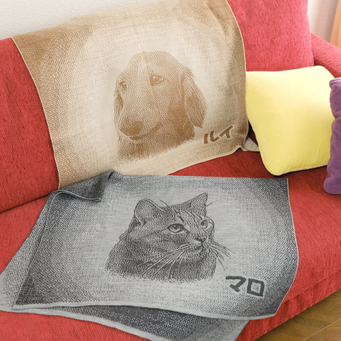 糸を編んで描く ペット オーダーメイド ひざ掛け ペットロス 思い出 メモリアル グッズ お悔やみ ギフト 贈り物 誕生日 プレゼント 膝掛けハーフ カシミアアクリル 千鳥格子 Bouncesociety Com