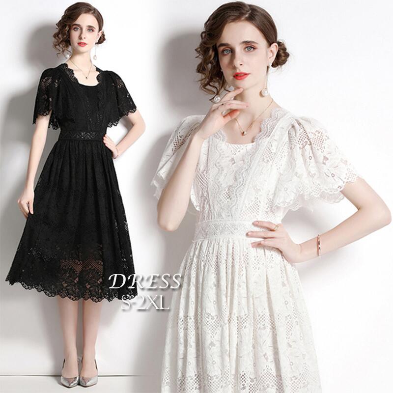 楽天市場】送料無料 結婚式 黒レースドレス ひざ下 半袖 レース