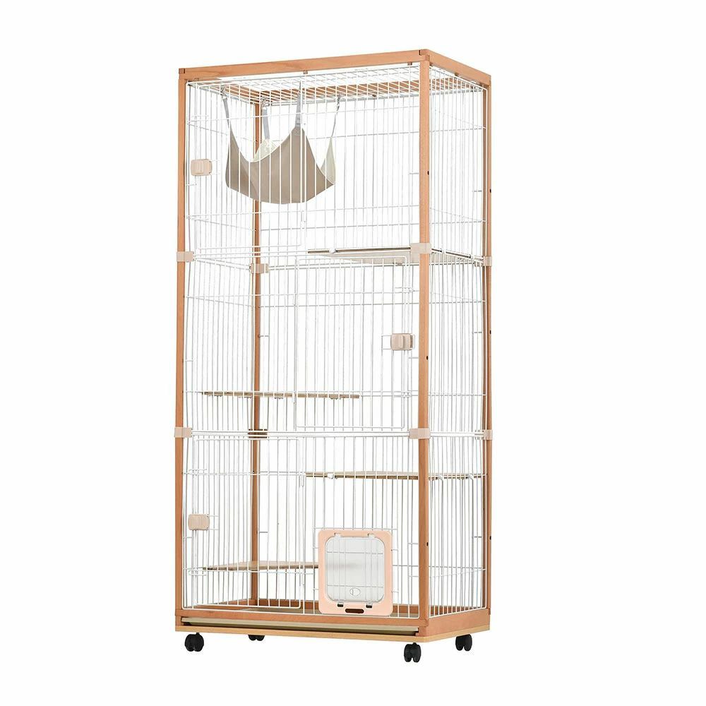 猫 ケージ キャットケージ 3段 木製フレーム トレー付き 猫専用ドア付き 多頭飼い ペットケージ ケージ 猫 無垢材 ハンモック付き キャスター付き ワイド 大型 猫ゲージ キャットハウス ネコ サークル 多段