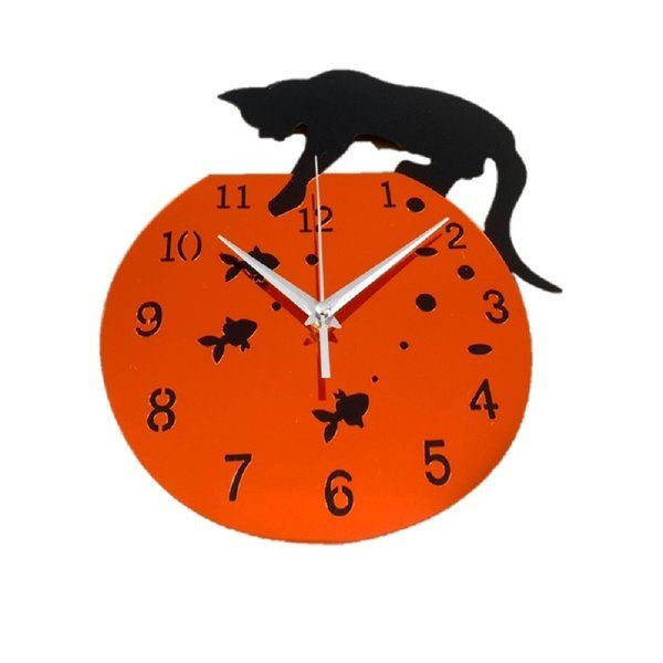 新生活 気楽 黒猫 ホワイト or メタリックレッド or ゴールド 壁掛け時計 壁時計 ウォールクロック おしゃれ インテリア 子猫 金魚 装飾 リビング 寝室 飾り物 プレゼント 贈り｜AetA店