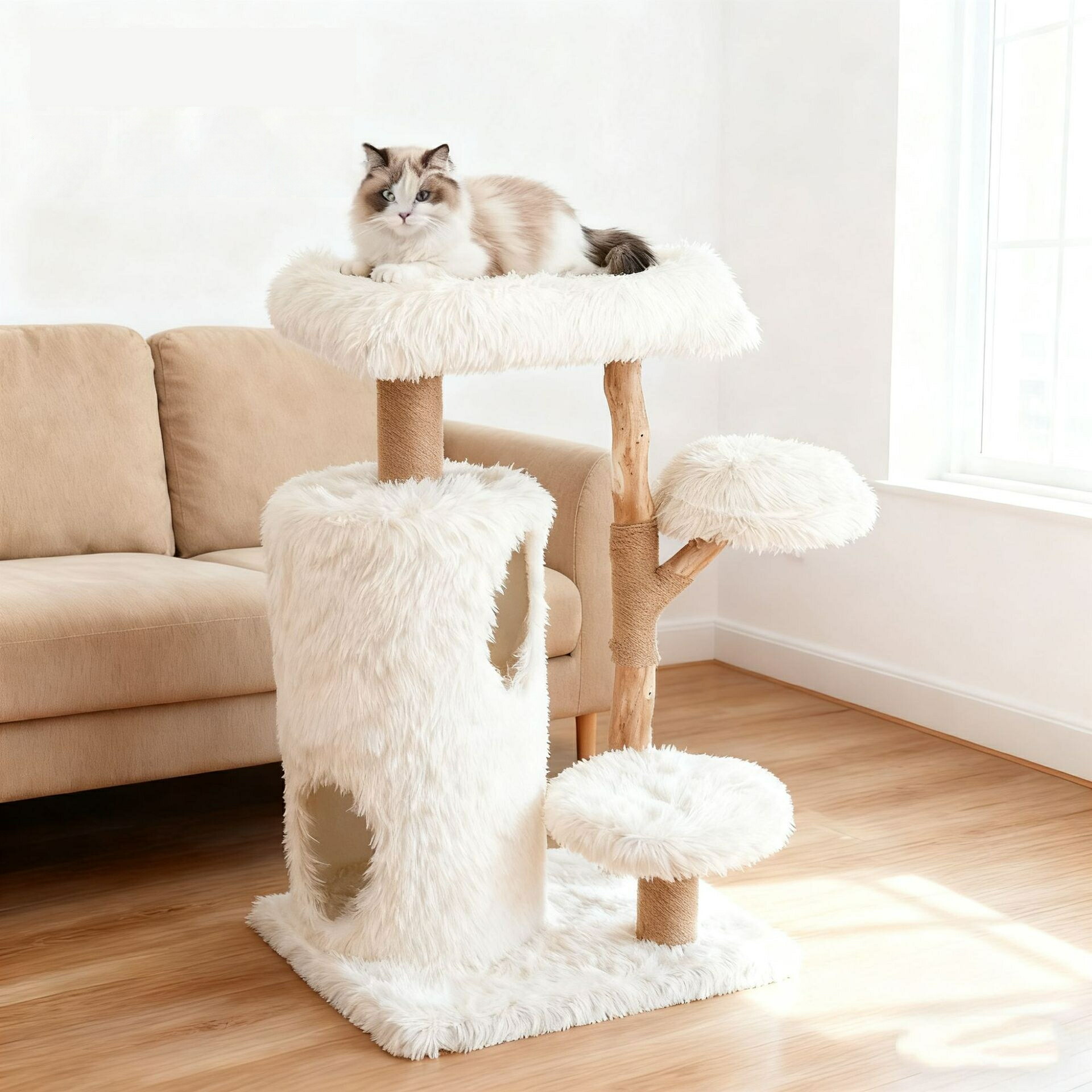 天然木 キャットタワー 猫タワー 多段 キャットウォーク ハンモック付き 省スペース 爪とぎ 剣麻 キャットテラス 大型 安定感 組み立て簡単|AetA店