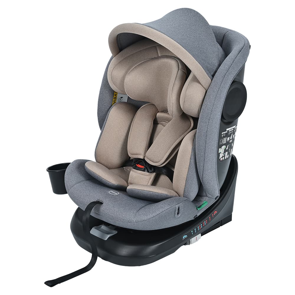 チャイルドシート 新生児 ISOFIX 0歳～12歳 360度回転式 40～150cm ジュニアシート 調節可能 洗える キャノピー付き ベビーシート ドリンクホルダー付き 出産祝い 車【グレー+カーキ】