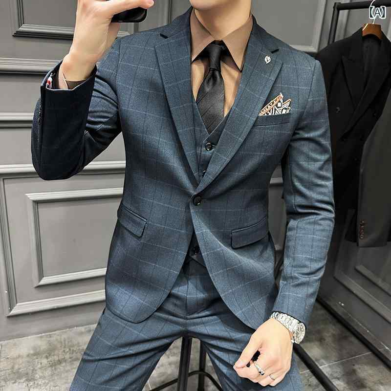 メンズ 新郎 スーツ スリーピース カジュアル ビジネス スーツ フォーマル フィット ウェディング ドレス チェック柄 スーツ 英国|AetA店
