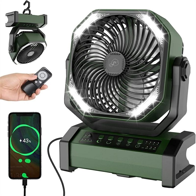 扇風機 20000mAh大容量 最大60時間連続使用 Type-C充電式 吊り下げ タイマー機能 自動首振りリモコン付き 風量4段階調節 16枚高輝度LEDライト搭載 二重反転ファン 16,433円