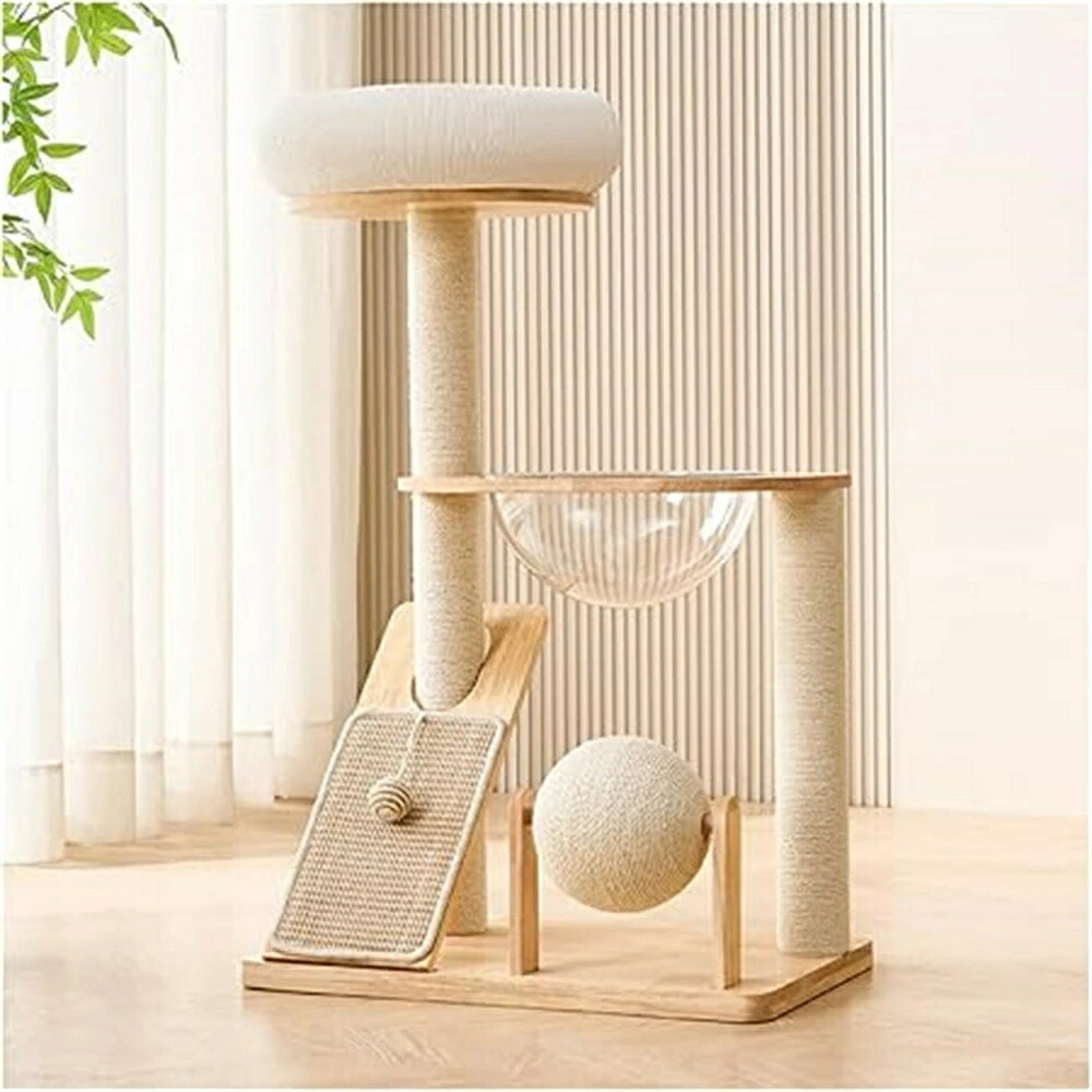 木製 キャットタワー ミニ 大型猫用 爪研ぎ・猫のおもちゃ・キャットツリー・木登りタワー 無垢ラバーウッド製、防湿防水・美しい木目・耐摩耗・耐傷 据え置き型で安定性抜群!天然麻&コットン紐使用、人気のおしゃれでかわいい猫タワー 猫ちゃんも大満足!
