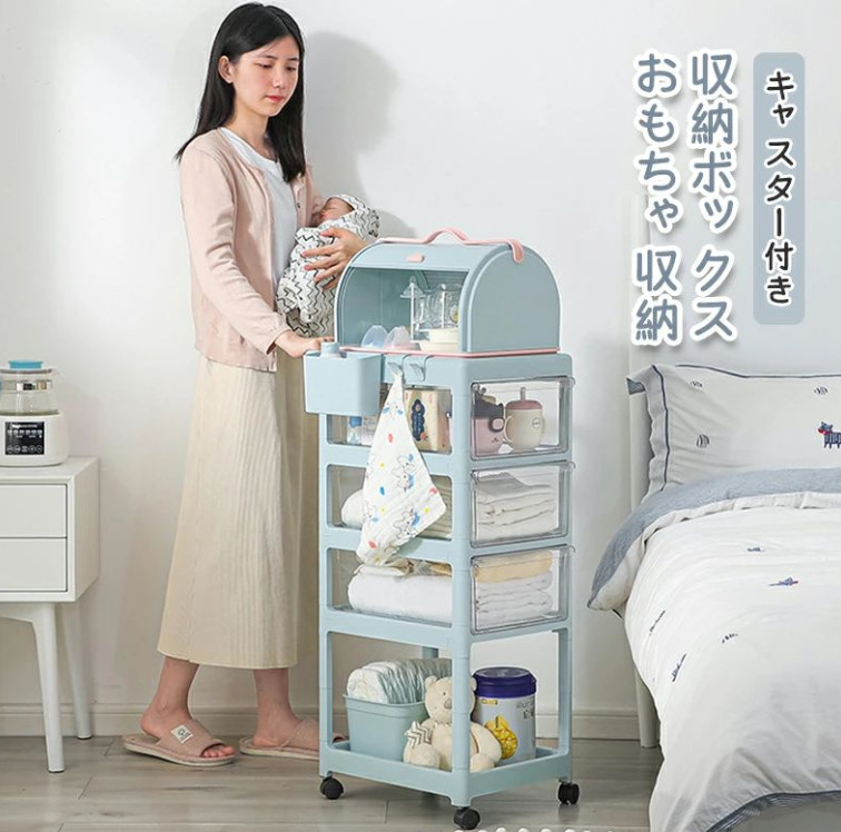 収納ボックス おもちゃ収納 収納BOX 衣類ケース キッズストレージ 引き出し 4段 キャスター付き おしゃれ 幅32cm 奥行40cm 高さ89cm ホワイト/グリーン プラスチック製 大容量 収納トロリー 収納ワゴン