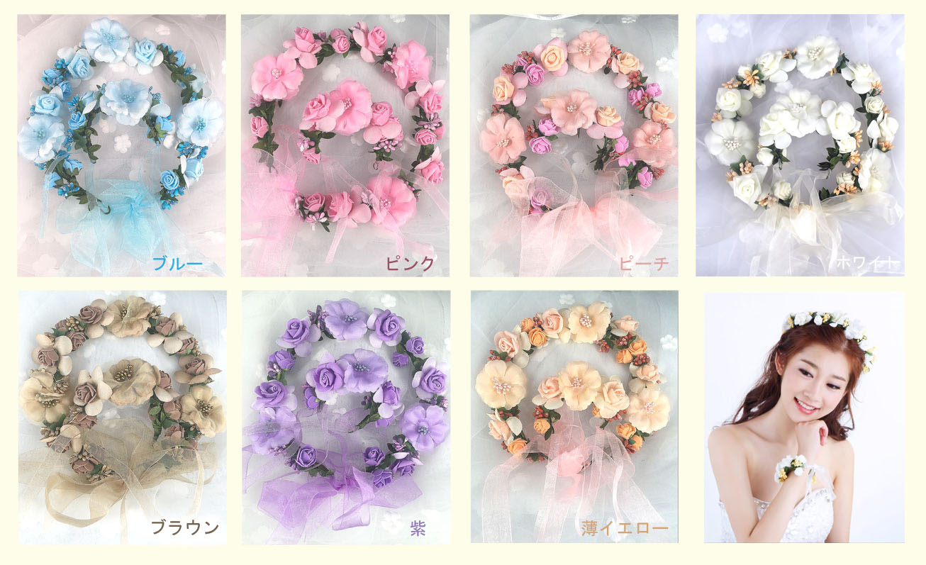 楽天市場 メール便で送料無料 即納 花冠 ブライダル花冠 花かんむり フラワー 造花 ヘッドドレス 花冠結婚式 ヘッドドレス花冠とリストレット二点セット カラー 七色 ブライズメイド Amoll