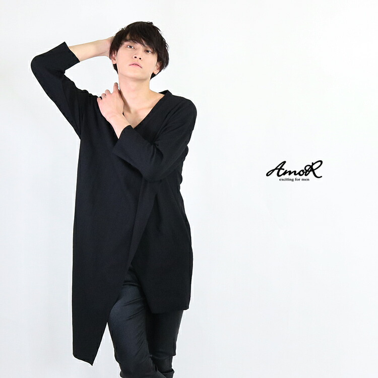 楽天市場 長袖 ロング丈 カットソー メンズ 変形 アシンメトリー アシメ レイヤード ロングtシャツ V系 韓国 ブラック モード系 Amor 艶黒 Amor For Men