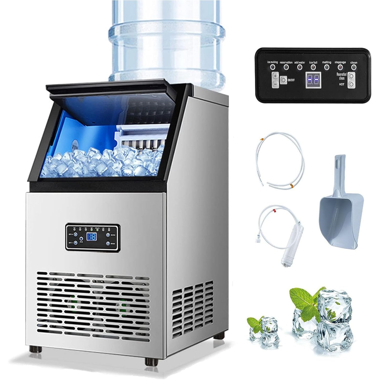 業務用自動製氷機 110V ビルトインステンレス製製氷機 家庭用商用新型静音デスクトップパイプラインなしの製氷機、60kg / 24H、15kgの貯蔵容量、40個のアイストレイ、パーティーギャザリング、レストラン、バー向けの自立型|amosroom