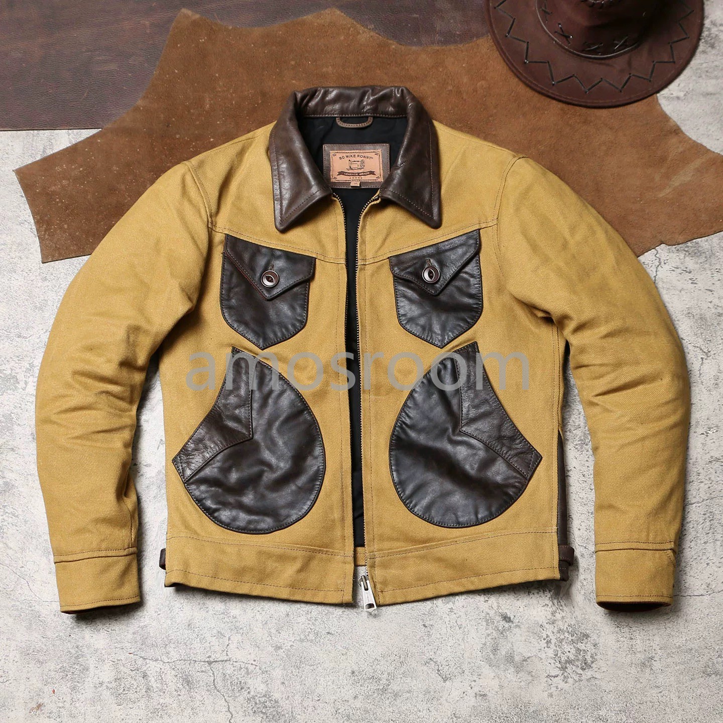 新品 高級上品 キャンバスと牛革 革ジャン vintageメンズファッション レザージャケット M～5XL｜amosroom