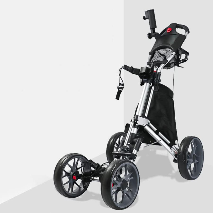 【2025年新】ゴルフカートプッシュプルゴルフ用カートゴルフバッグ4輪折りたたみ式ゴルフトロリー アルミ合金製 ハンドブレーキとドリン