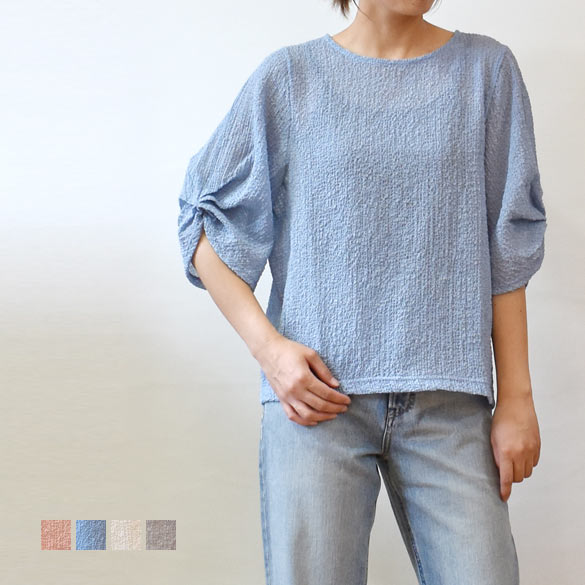 【ポイント20倍】ププラ（PUPULA）シボ生地 袖先タック 五分袖ブラウス(pp042)(157201)｜アンプルール　ＶＥＲＹ店