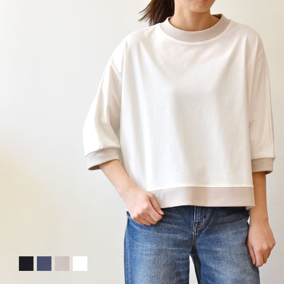 TOLNERA by PRIORITY（トルネラ）襟ぐりリストバンド裾色彩設計 6分袖 ティーシャツ(pt002)(T61031)