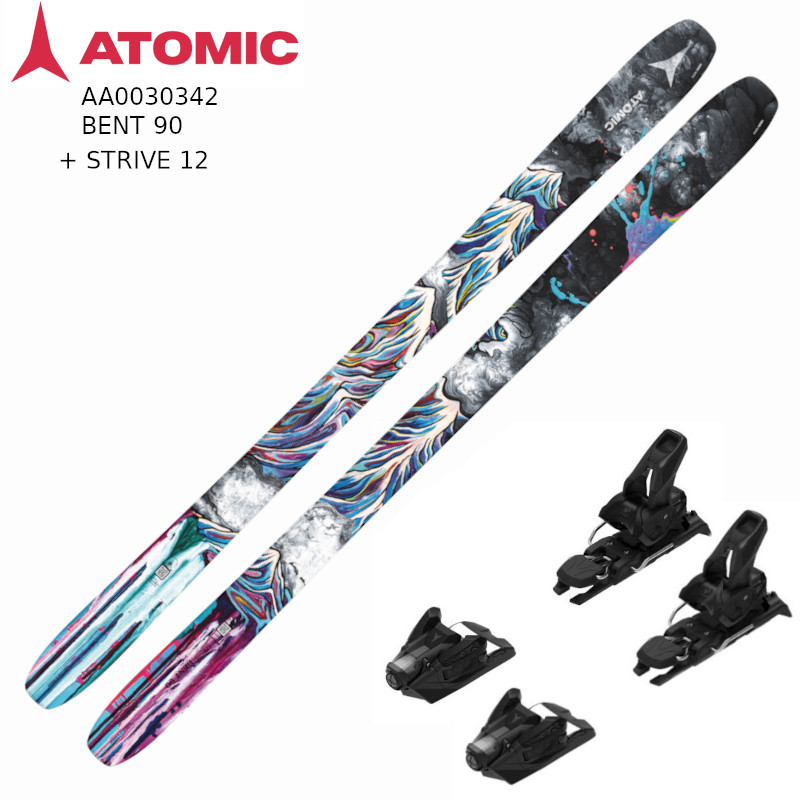 アトミック スキーの板板 2025 ATOMIC BENT 90 + STRIVE 12 黒色火薬 うしろ側カントリー ベントファミリー ビンディング書き割り
