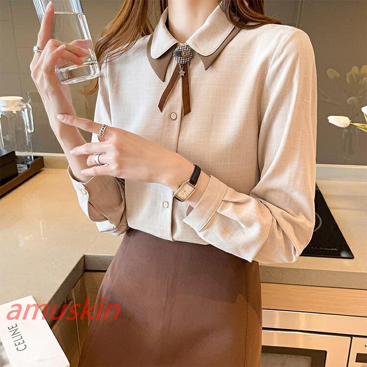 ブラウス レディース 春秋 シフォンシャツブラウス 長袖 オフィス 配色 ラウス シフォン オシャレス 韓国風 通勤 可愛い 大人