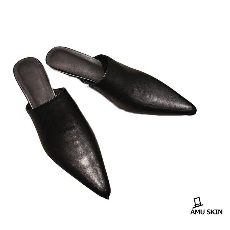 レディースミュール パンプス  なめし革 黒いこと 白いこと 蛇柄 ポインテッドトゥ 置き目踵 木目細か 流行り物 春 夏 下駄
