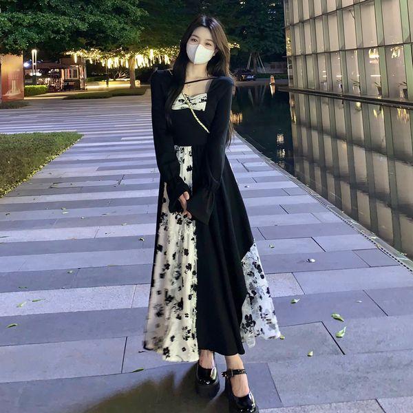モノトーン フレア ロング 長袖 アシンメトリー ワンピース 花柄 マキシ丈 ワンピ 大きいサイズ