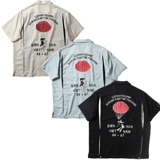 メンズ 半袖シャツ ミリタリー ワークシャツ ボーリングシャツ ヴィンテージ仕様 チェーンステッチ PARATROOPER ブラック ブルー オフホワイト
