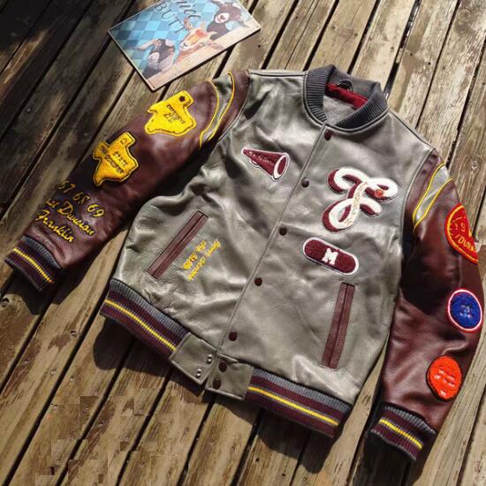 【個性派古着】スタジャン　本革　豪華ワッペン　刺繍入り　えんじ　茶色　3 ジェラード AB83409C Smoky Joe Full Custom キャメル メンズ アウター