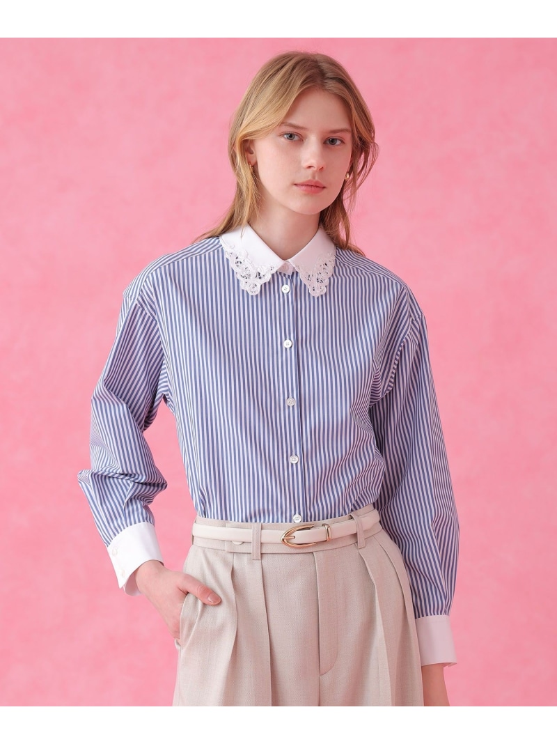 コットンブロード衿刺繍シャツ ANAYI アナイ トップス シャツ・ブラウス ブルー ホワイト【送料無料】[ Fashion]