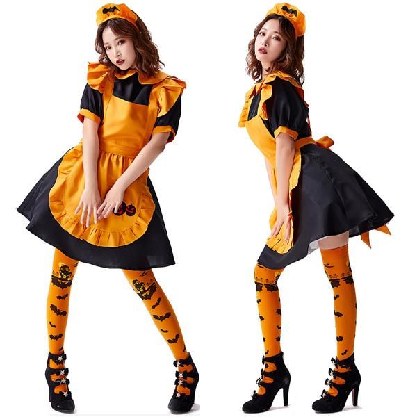 メイド服 レディース ハロウィン衣装 メイド 吸血鬼変身 コウモリ かぼちゃ 制服 変装 パンプキン 魔女 巫女 ゴスロリガールズ エプロン 文化祭 コスプレ 学園祭