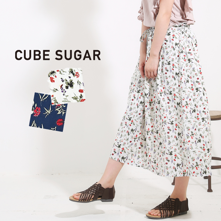 CUBE SUGAR ボタニカル総柄プリントタックギャザースカート (2色)【レディース】【キューブシュガー】