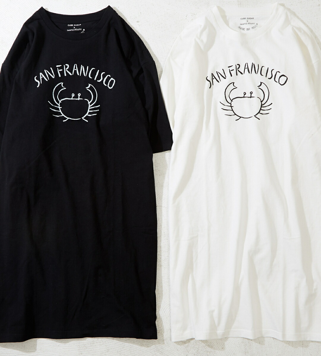 楽天市場 Tシャツワンピース Cube Sugar クリエイターズメイド Oe天竺 ワンピース 2色 レディース キューブシュガー ワンピース ロング丈 ひざ丈 クルーネック 半袖 カニ かに イラストレーター コットン スリット And Cube Sugarアメカジレディース
