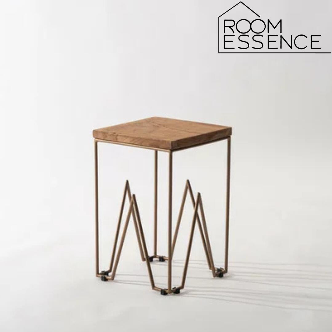 東谷 SLY-016 Wood top stool スツール 四角 サイドテーブル プランターベース チーク 無垢材 木製 ゴールドスチール ハンドメイド 花台 観葉植物 置き台 角形 アンティーク 北欧 モダン 玄関 リビング ダイニング 高さ45cm 完成品 おしゃれ 天然木 スチール家具