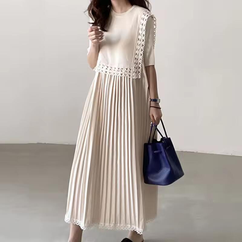 2カラー　レディース　レース襟プリーツワンピース　韓国レディース服　ワンサイズ