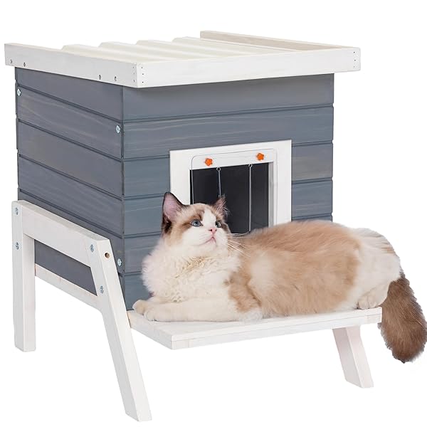 【貨物輸送無料】外猫住みか 野ら猫 四季相応う 防湿 木製の室外用猫掘っ建て小屋 逃げ口付き添い人 PVC大屋根水抜き