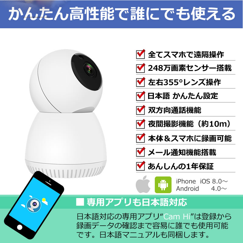 楽天市場 ペットカメラ 留守番 ベビーモニター 防犯カメラ パンチルト ワイヤレス Wifi スイングカメラ 防犯カメラ Av Ipcam02n 防犯 カメラ専門店アンダビジョン