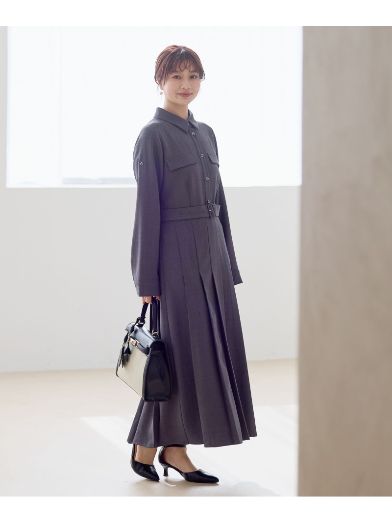 タックプリーツシャツワンピース Andemiu アンデミュウ ワンピース・ドレス ワンピース グレー ベージュ ブルー【送料無料】[ Fashion]