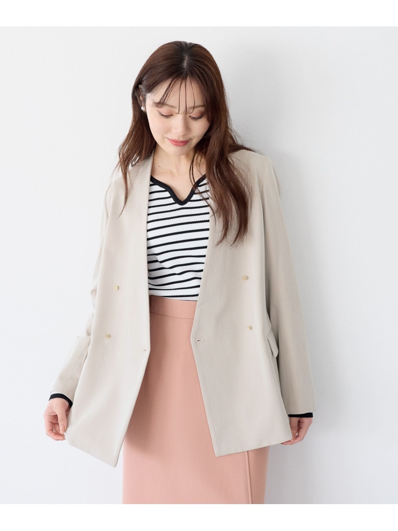 【SALE／32%OFF】キンボタンノーカラージャケット Andemiu アンデミュウ ジャケット・アウター ノーカラージャケット ネイビー ベージュ【RBA_E】【送料無料】[ Fashion]