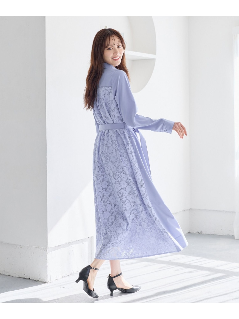 【SALE／44%OFF】バックレースシャツワンピース Andemiu アンデミュウ ワンピース・ドレス ワンピース ブルー ベージュ ネイビー【RBA_E】【送料無料】[ Fashion]