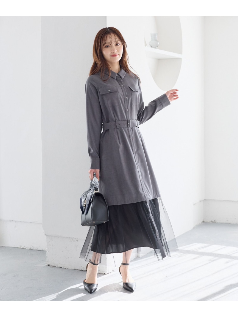 【SALE／20%OFF】スソチュールキリカエワンピース Andemiu アンデミュウ ワンピース・ドレス ワンピース グレー ベージュ【RBA_E】【送料無料】[ Fashion]