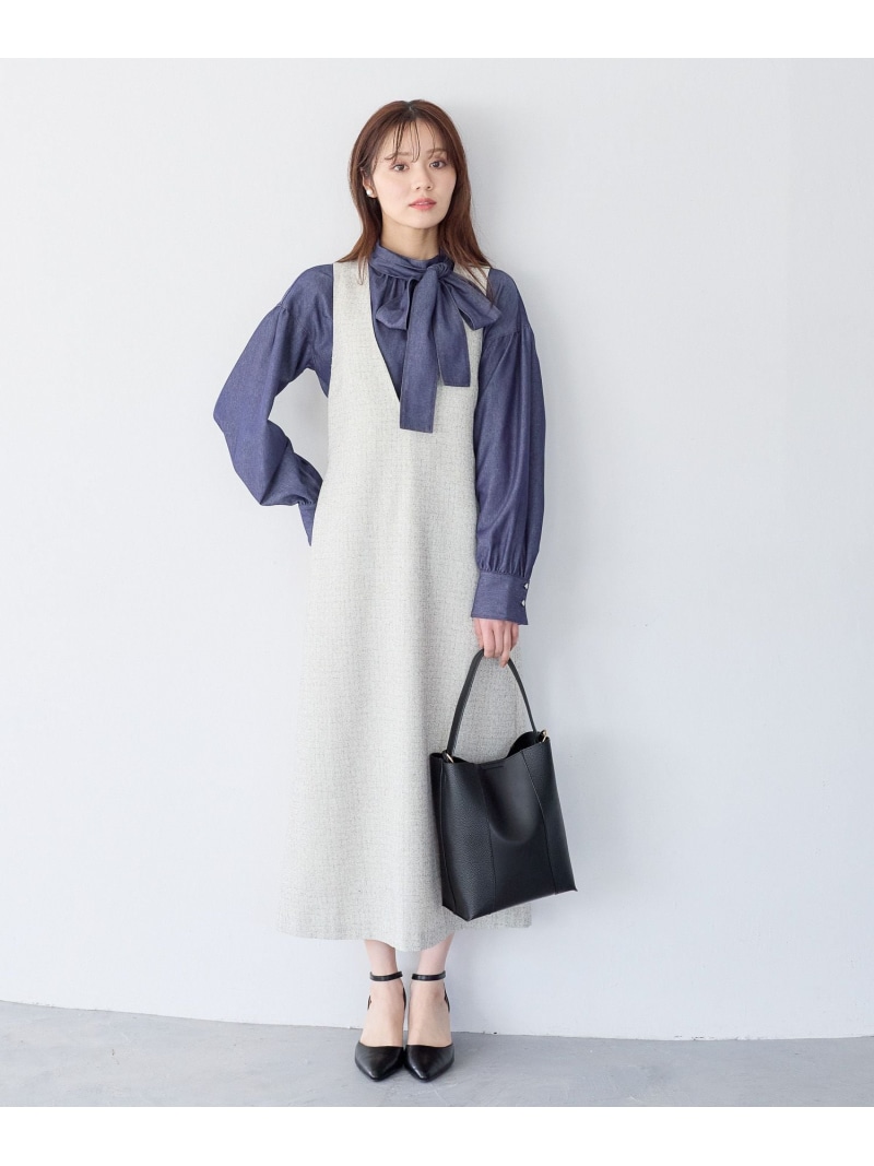 【SALE／50%OFF】ベルトツキVネックジャンスカ Andemiu アンデミュウ ワンピース・ドレス ジャンパースカート ホワイト ブラック ブルー【RBA_E】【送料無料】[ Fashion]
