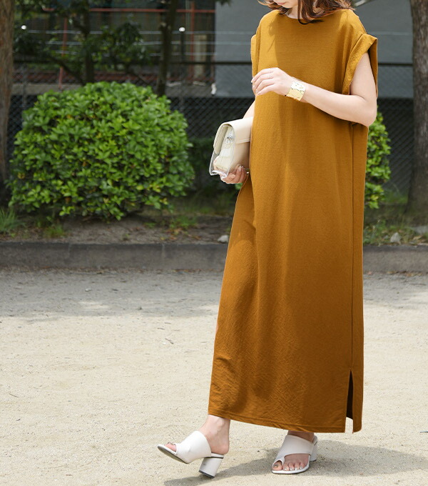 楽天市場 ワンピース 夏 レディース ジェラートクールノースリーブロングワンピース メール便10 M L 春夏 ワンピース ダークグレー グレージュ キャメル カーキグリーン マキシ丈 接触冷感 涼やか クール 無地 ロングワンピ フレンチスリーブ アンドイット