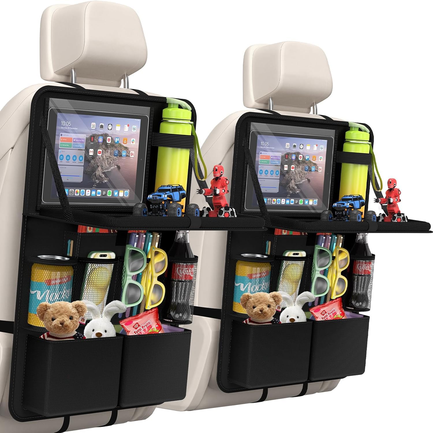車 シートバックポケット 車用収納ボックス 防水 後部座席 収納 展開可能な小テーブル タブレットホルダー付き 汚れ防止 (ブラック 2本セット)