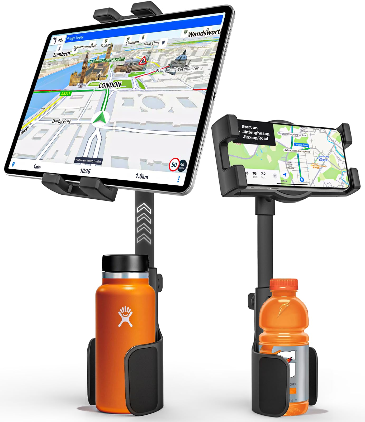 2in1車載ホルダー【水筒収納】タブレットカップホルダー 伸縮アーム 車 ドリンク ipad ホルダー 運転席 スマホスタンド 高さ角度調整 取付簡単 360度回転 厚いケース対応 日本語説明書付き 対応機種4-13インチデバイス iPad Pro 12.9 11 9.7 / Air Mini 5 4 3 2 /