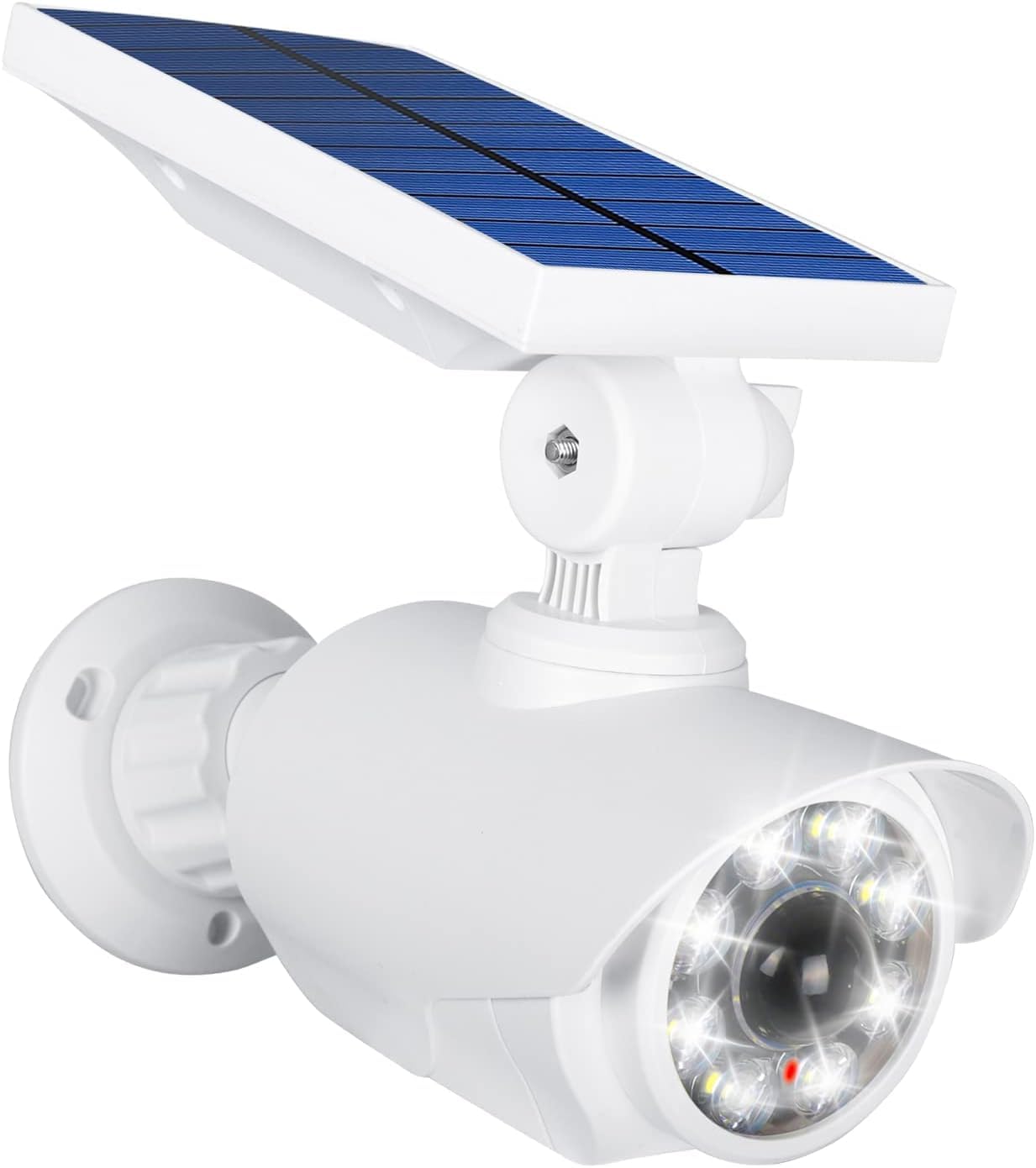 センサーライト 屋外 ソーラー 人感センサー 防犯カメラ型 ダミーカメラ 赤光威嚇 IP66防水防塵 電源配線不要 太陽光充電 自動夜間点灯 人感検知 8LED 800ルーメン360°角度調節可能 屋外照明 防災 ガーデン 壁掛け庭先 玄関周りなど対応 ホワイト 1個セット