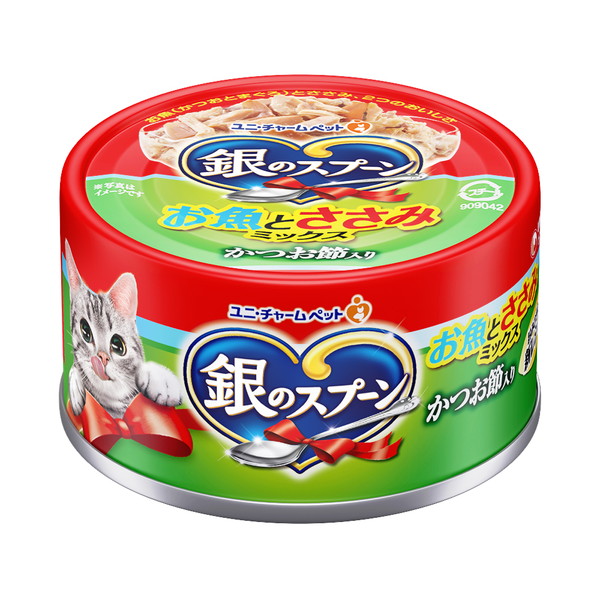ユニチャーム　 銀のスプーン缶　お魚とささみミックス　かつお節入り　70g×★48個★【ケース販売・目隠し梱包不可】