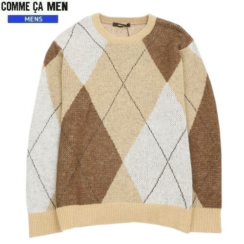 SALE65%OFF COMME CA MEN コムサメン アーガイルプレイド クルーネックモヘアセーター ベージュ 22/9/4 220922 23.10sage