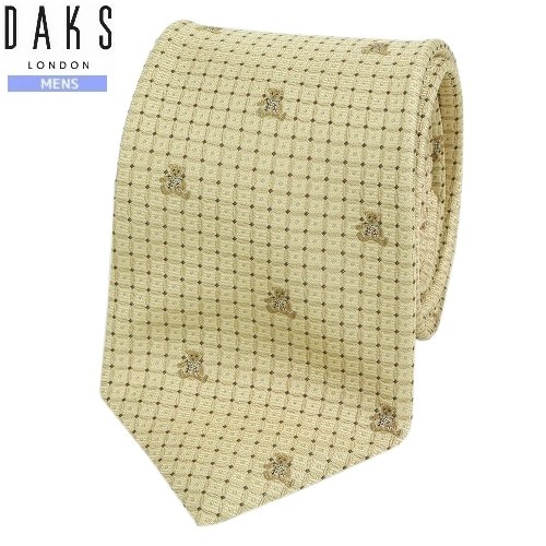 訳あり特価 DAKS ネクタイ ダックス メンズ ブランド 日本製 マイクロチェック×テディベア 刺繍 シルク 黄色 23/8/2 100823【ネコポスで送料無料】