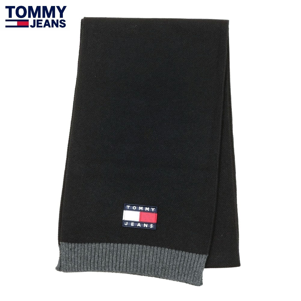 新古品 トミー ジーンズ マフラー TOMMY JEANS 40%OFF メンズ ブランド 防寒 イタリア製 バッジロゴ ニット 黒 24/11/2 071124【ネコポスで送料無料】
