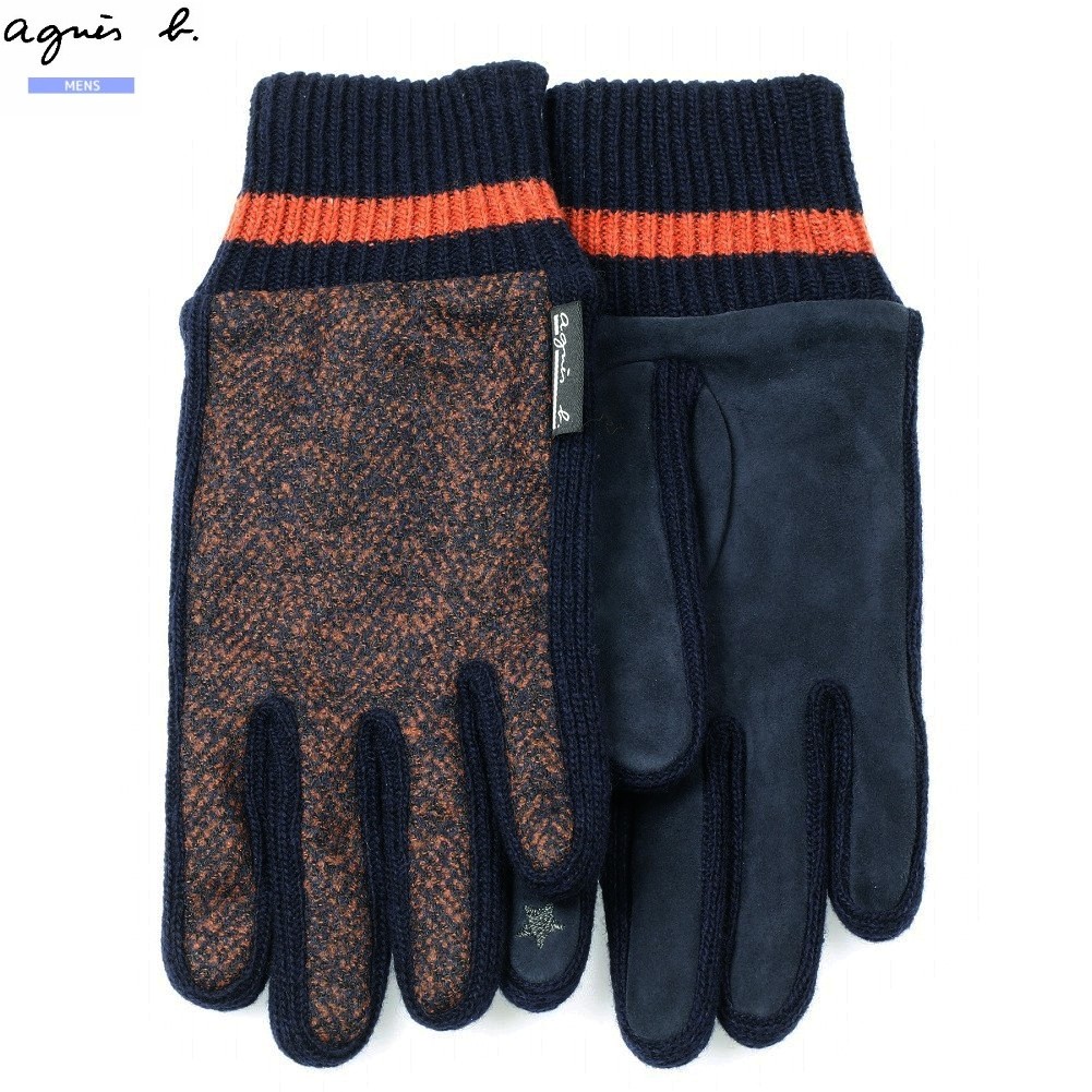 サンプル品 アニエスベー 手袋 agnes b. メンズ ブランド ヘリンボーン ウール混 グローブ 橙 24/12/3 201224【ネコポスで送料無料】